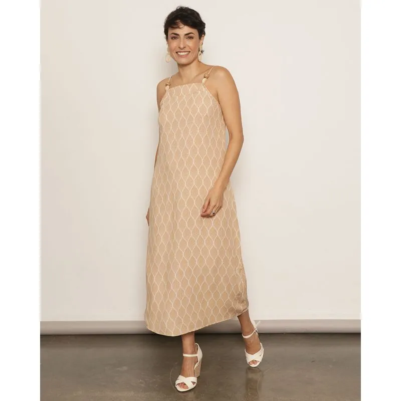 Vestido Feminino Midi Alcinha Miçangas Estampado Bege G