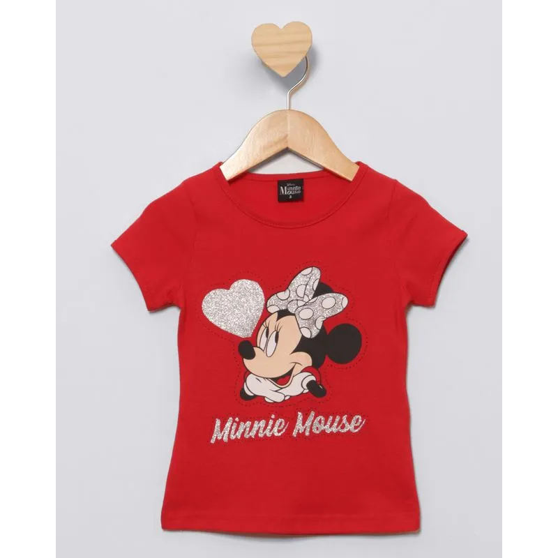 Camiseta Bebê Disney Minnie Com Glitter Manga Curta Vermelha 1