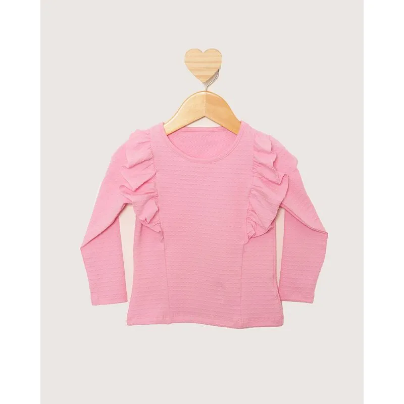 Blusa Bebê Texturizada Manga Longa Com Recortes Babado Rosa 3