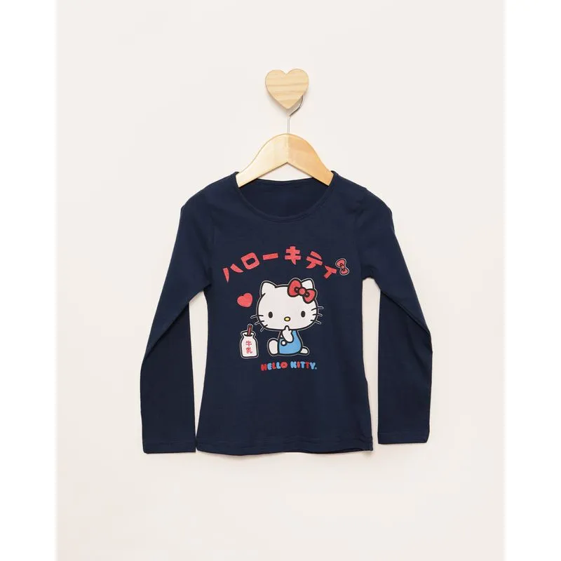 Camiseta Bebê Hello Kitty Manga Longa Marinho 1