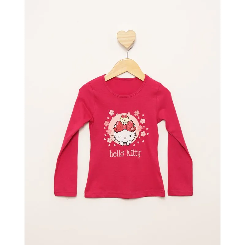 Camiseta Bebê Hello Kitty Manga Longa Rosa Escuro 2