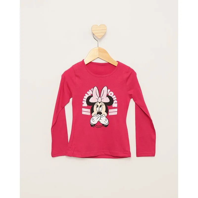 Camiseta Bebê Disney Minnie Glitter Manga Longa Rosa Escuro 2