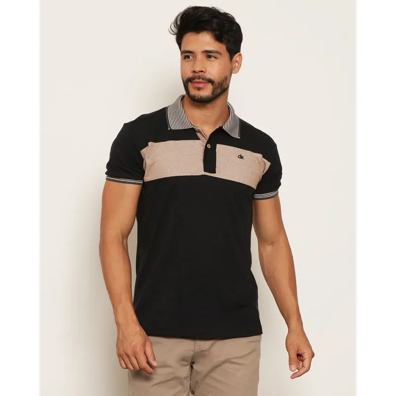 Camisa Polo Masculina Piquet Com Recortes Manga Curta Preto M