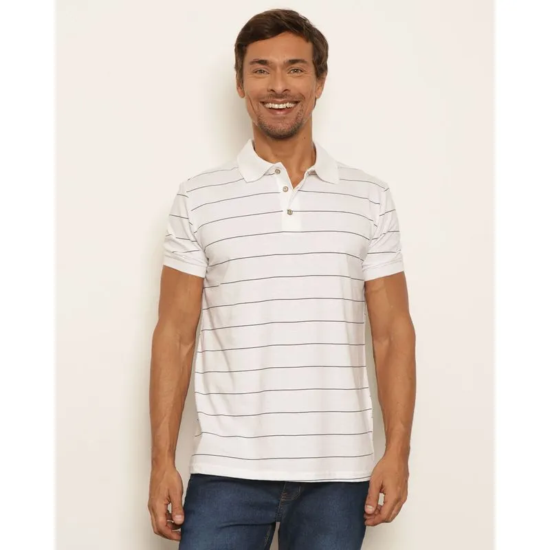 Camisa Polo Masculina Com Listras Manga Curta Branco P