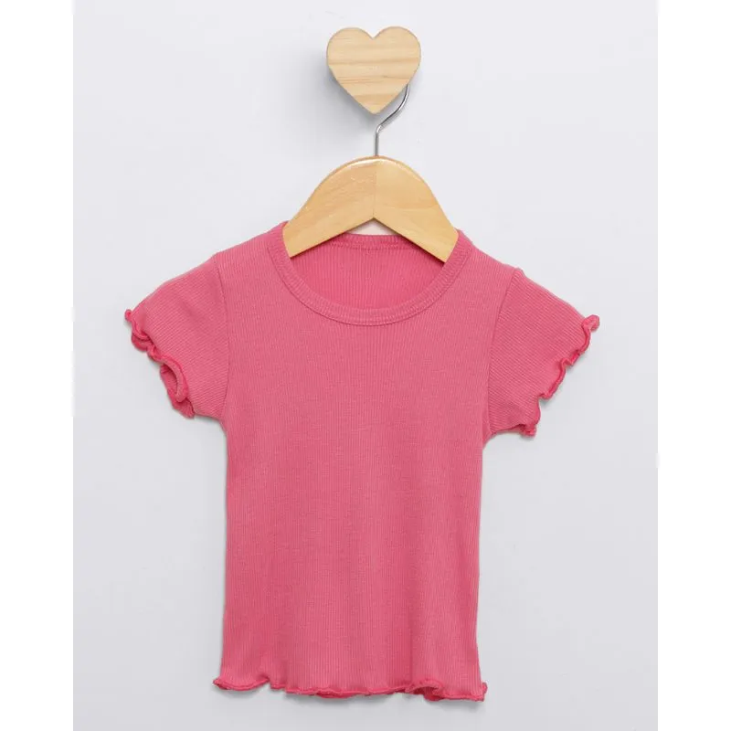 Blusa Bebê Canelada Manga Curta Frufru Rosa 3