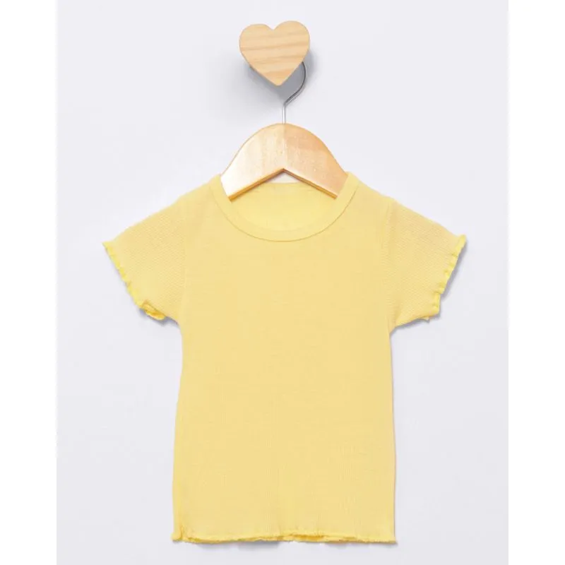 Blusa Bebê Manga Curta Canelada Frufru Amarela 1