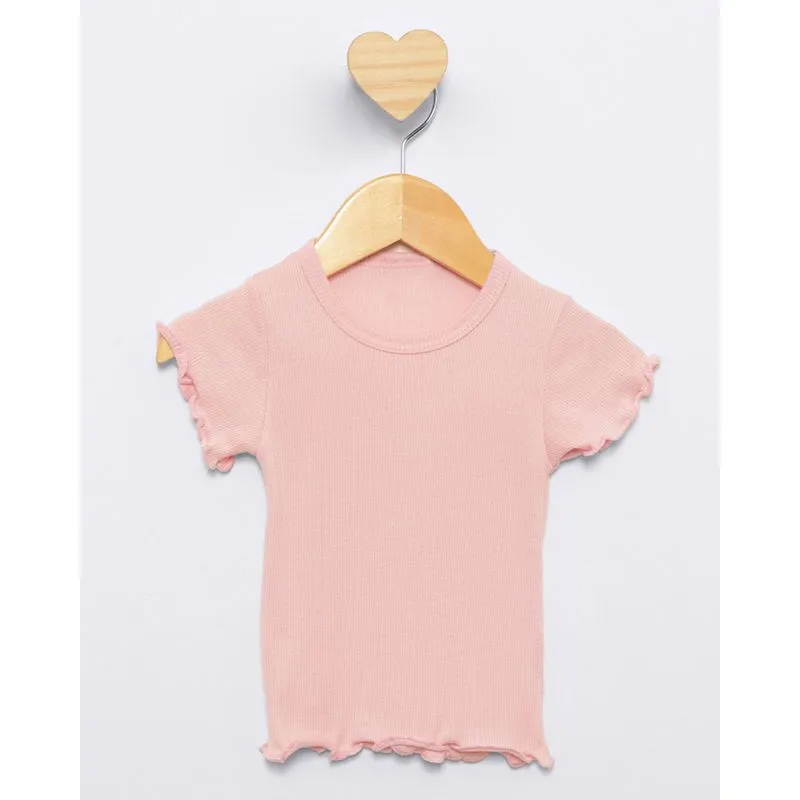 Blusa Bebê Manga Curta Canelada Frufru Rosa 1