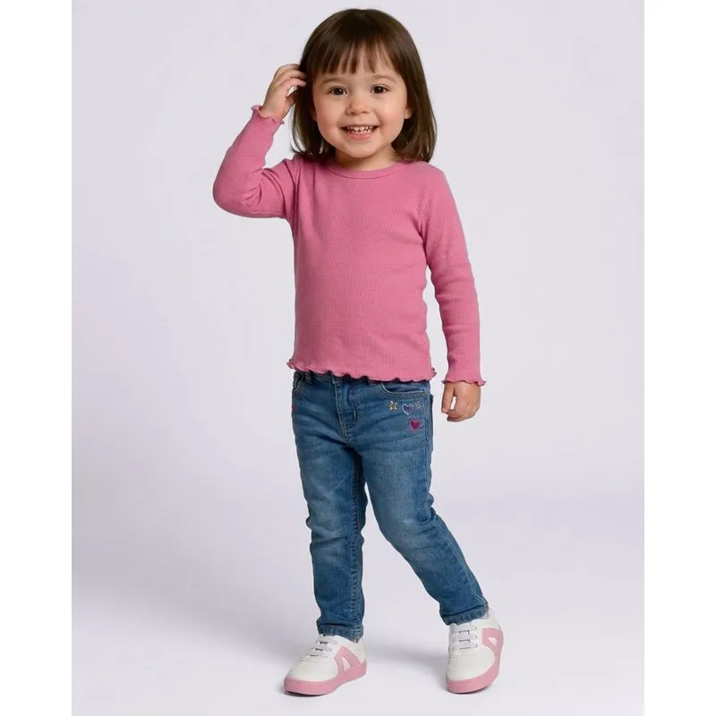 Blusa Bebê Canelada Manga Longa Frufru Rosa 3