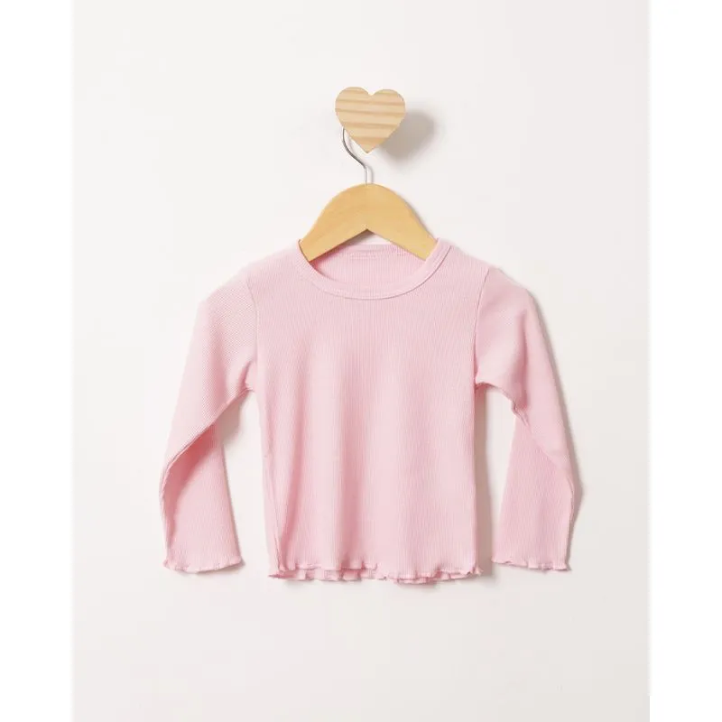Blusa Bebê Manga Longa Canelada Frufru Rosa 2
