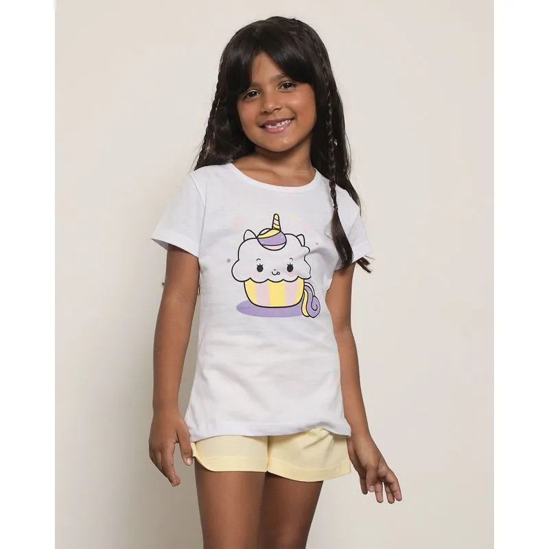 Pijama Infantil Curto Estampa Cupcake Unicórnio Branco 4