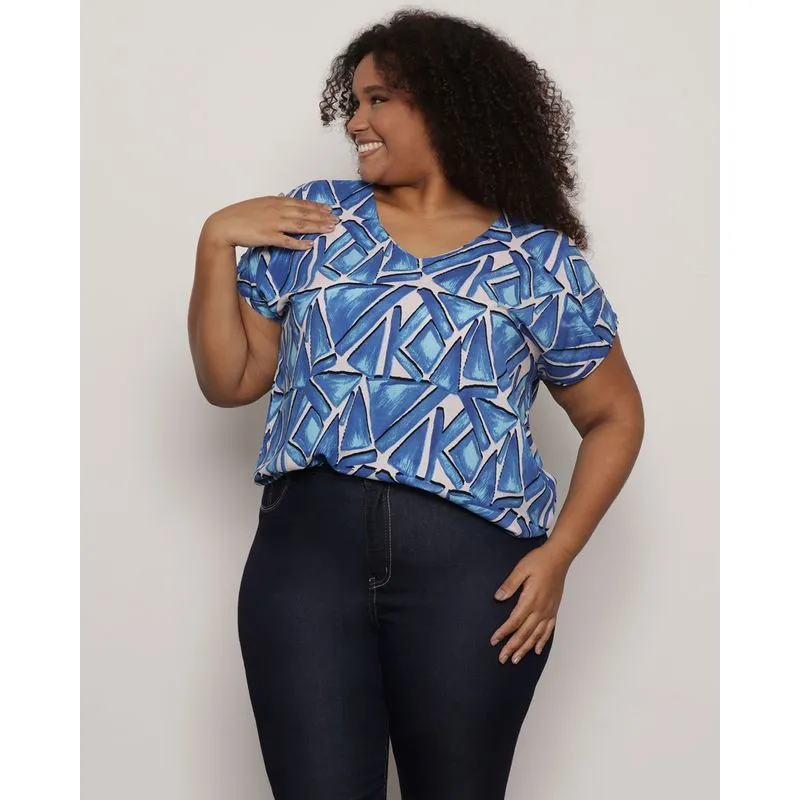 Blusa Plus Size Feminina Berry & Co. Estampa Geométrica Azul UN