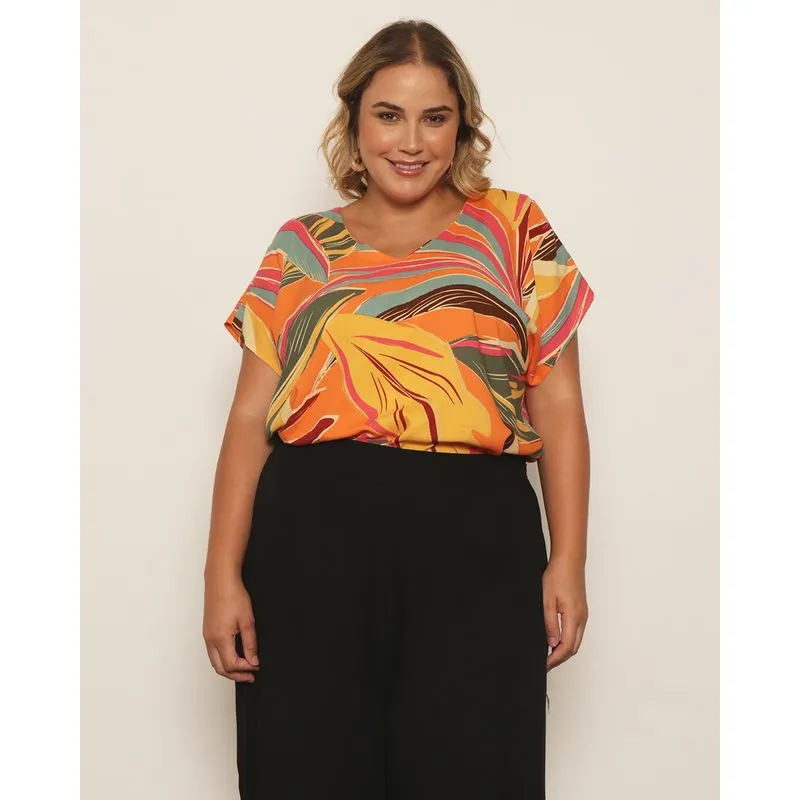 Blusa Plus Size Feminina Manga Japonesa Estampada Laranja G1