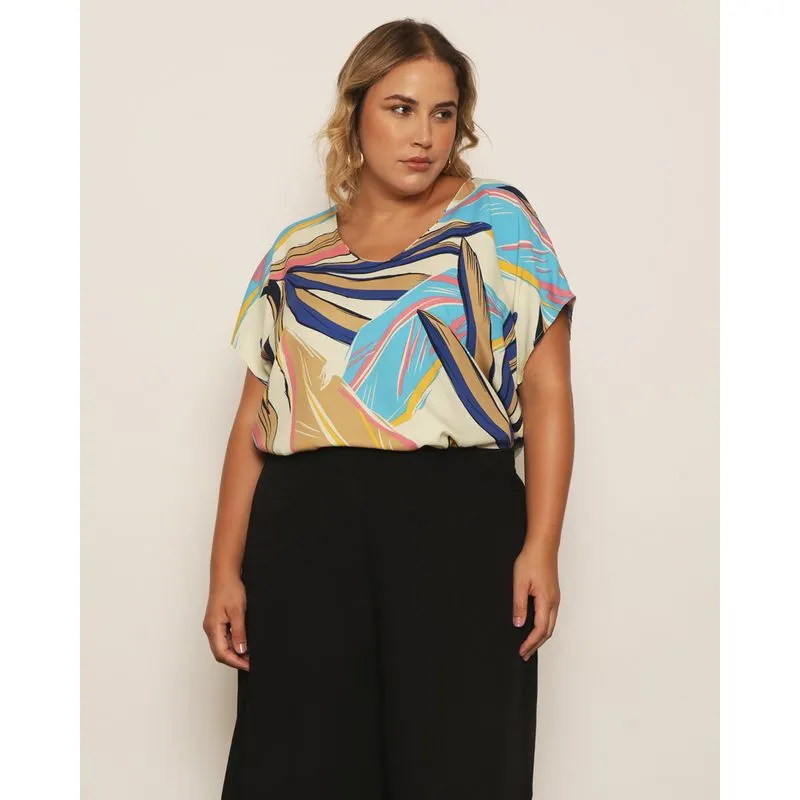 Blusa Plus Size Feminina Manga Japonesa Estampada Bege G2