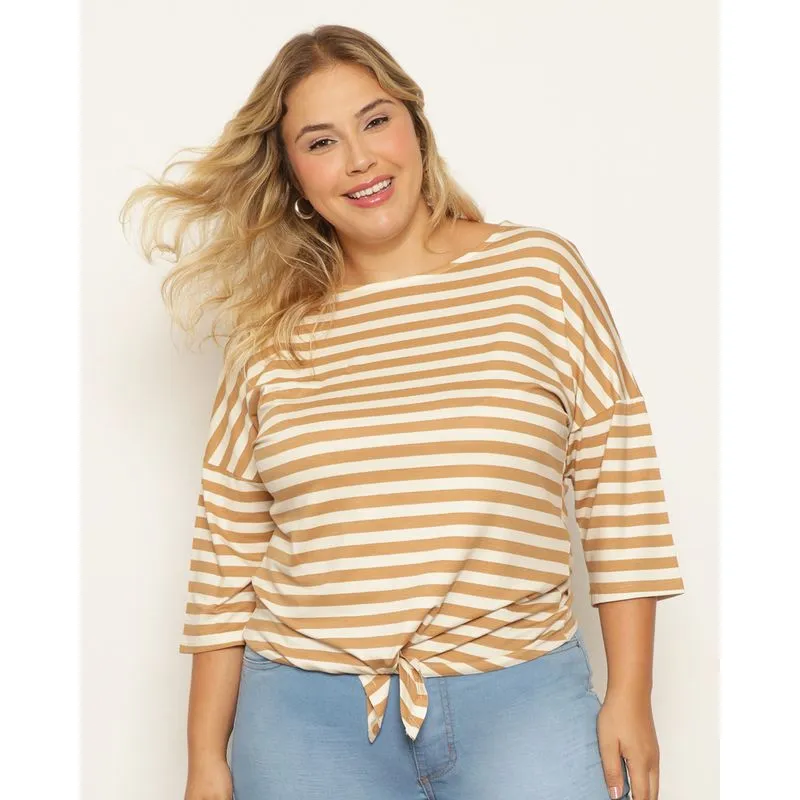 Blusa Plus Size Feminina Manga 7/8 Com Nozinho Listrada Bege G1