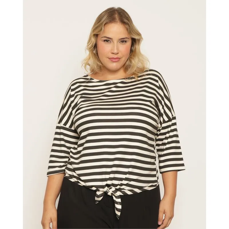 Blusa Plus Size Feminina Manga 7/8 Com Nozinho Listrada Preta G3
