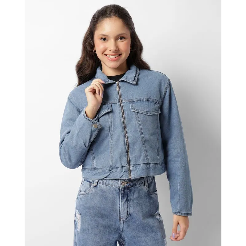 Jaqueta Jeans Juvenil Manga Longa Com Bolsos Azul 12