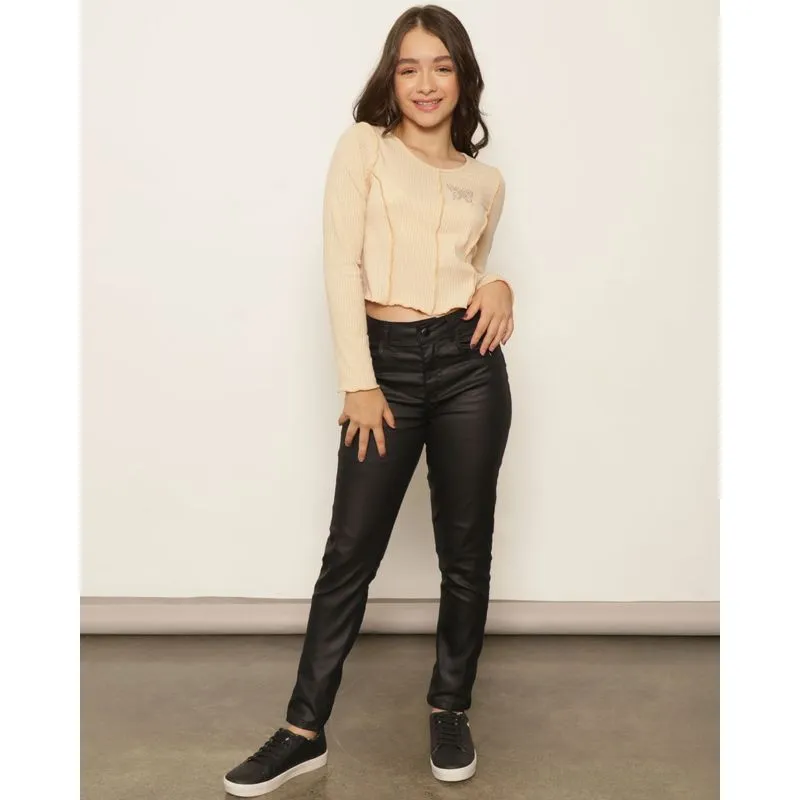 Calça Juvenil Sarja Resinada Skinny Preta 12