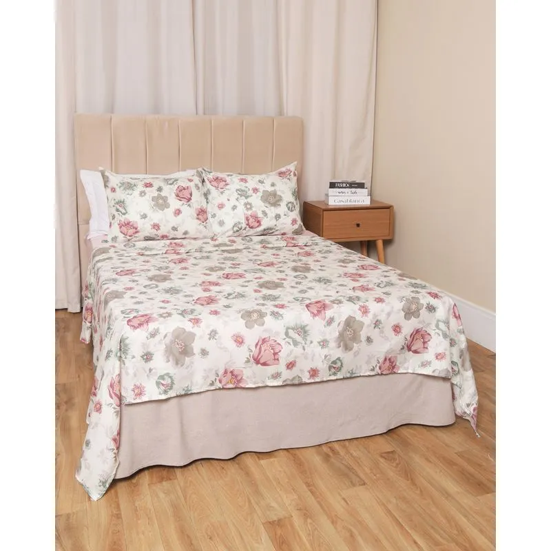Jogo De Cama Casal Camesa 4 Peças Estampa Floral Off White UN