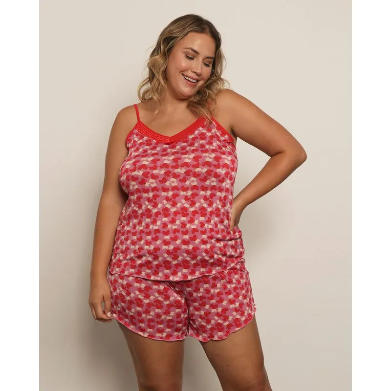 Short Doll Plus Size Feminino Liganete Renda Estampado Vermelho 48