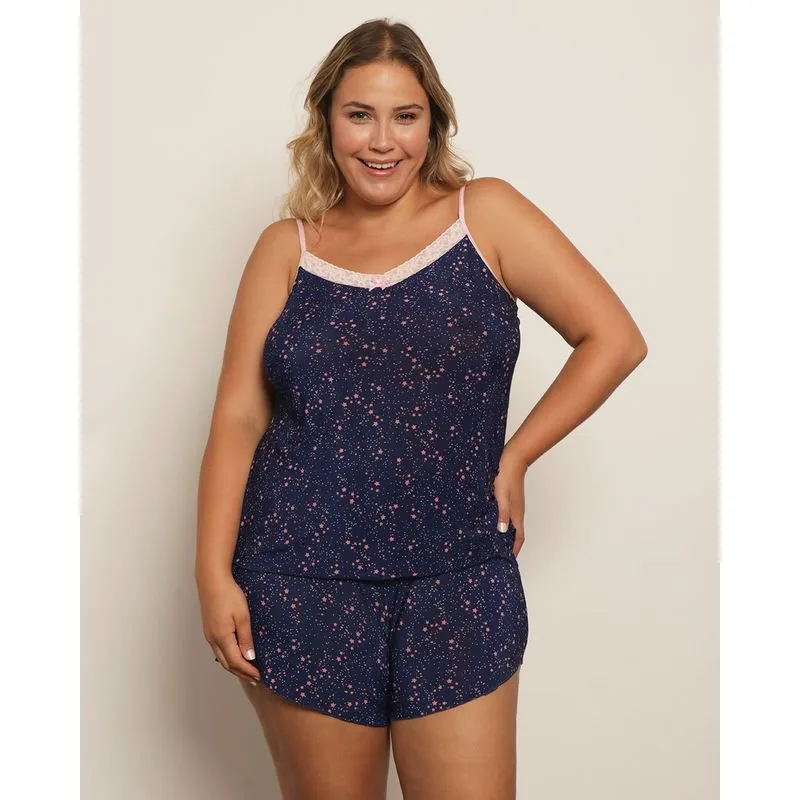 Short Doll Plus Size Feminino Liganete Renda Estampado Azul 48
