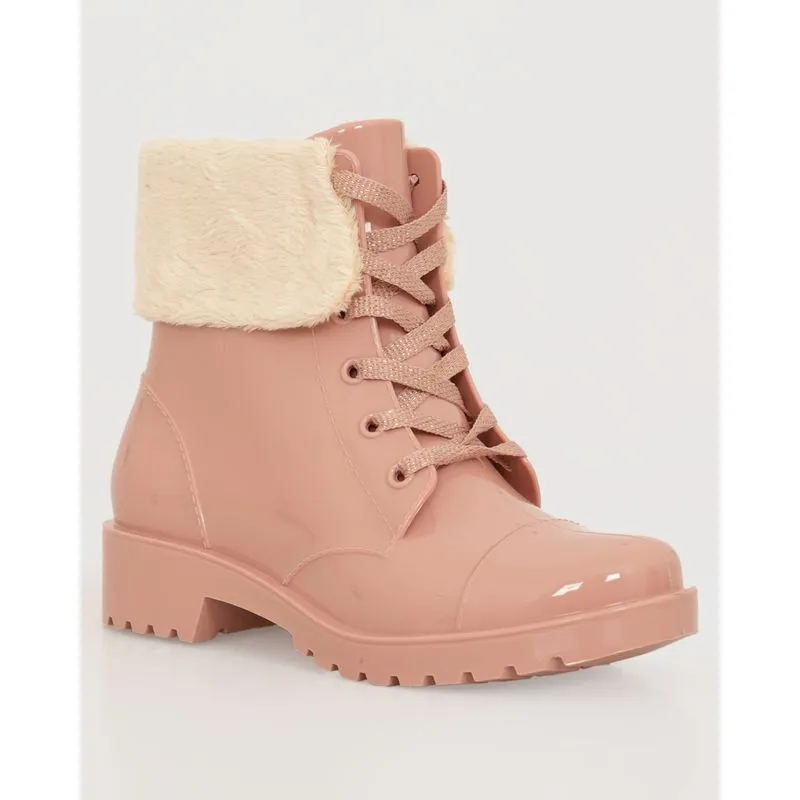 Bota Infantil Coturno Tratorada Perolada Com Pelinho Rosa 21/22
