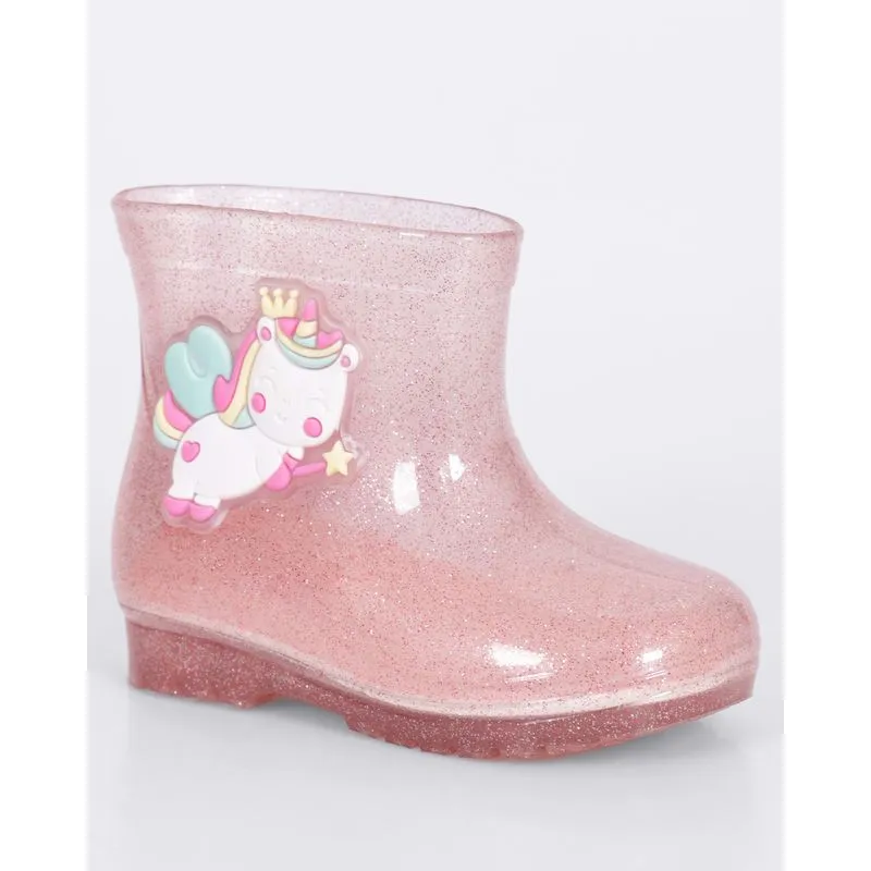 Bota Bebê Galochinha Com Glitter Aplicação Unicórnio Rosa 23/24