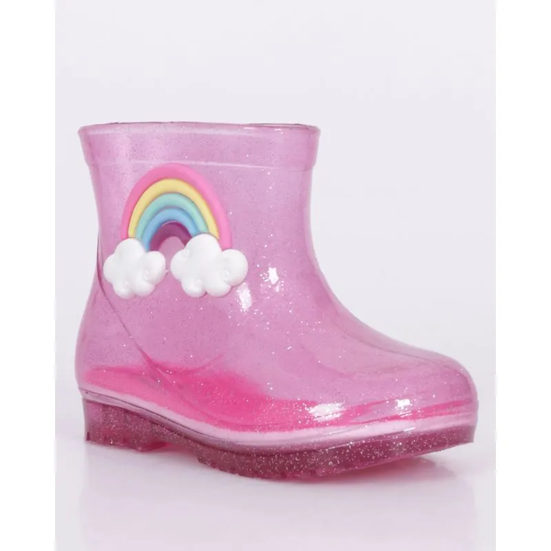 Bota Bebê Galochinha Com Glitter Aplicação Interativa Arco-Íris Rosa 21/22