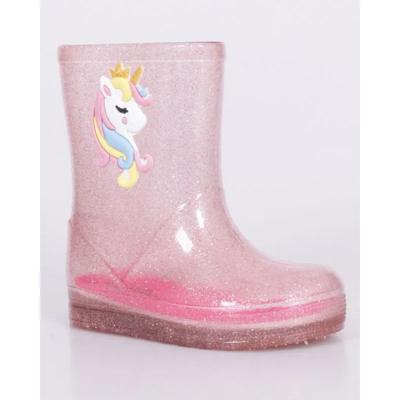 Bota Bebê Galocha Com Glitter Aplicação Unicórnio Rosa 27/28