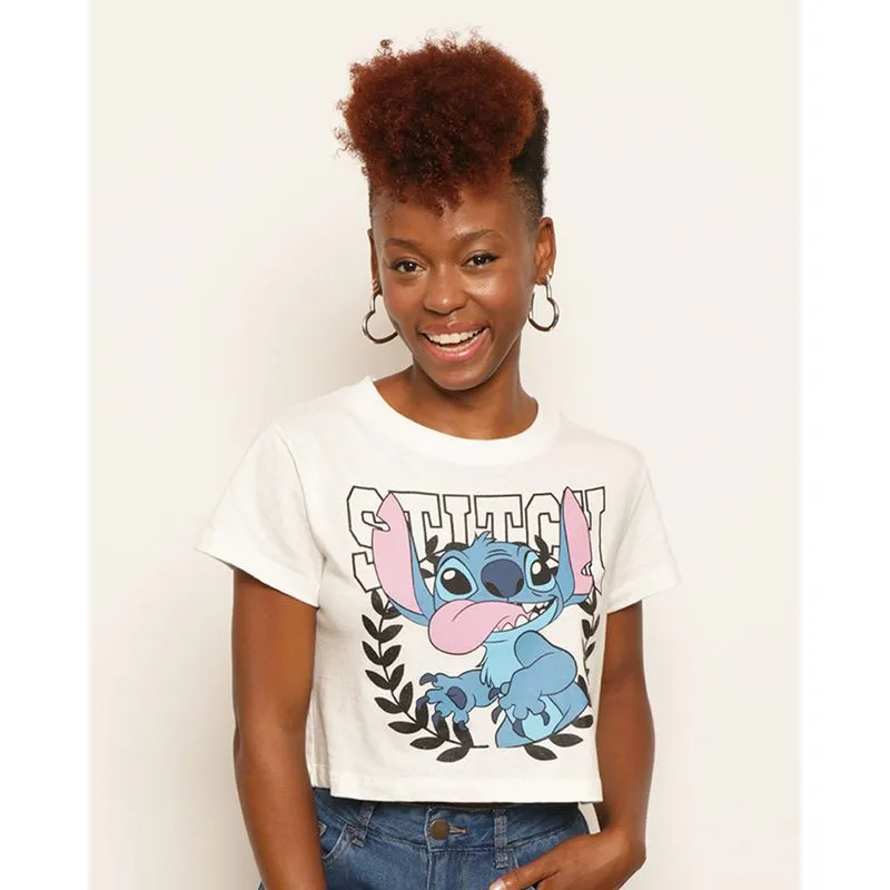 Camiseta Feminina Disney Stitch Manga Curta Off White P