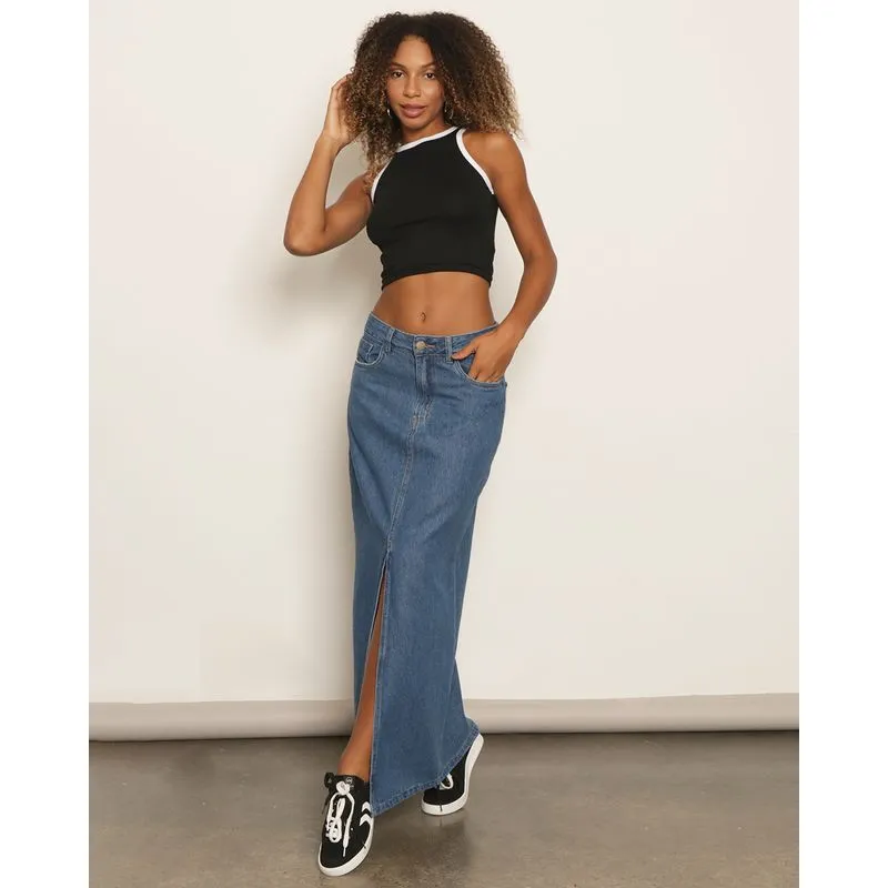 Saia Jeans Feminina Longa Fenda Frontal Azul 46