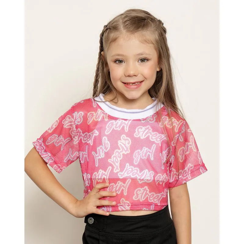 Blusa Infantil Cropped Com Sobreposição Telada Rosa 6