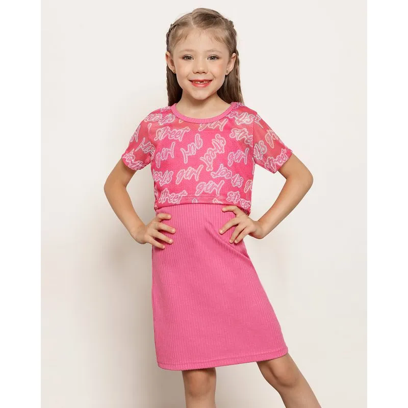 Vestido Infantil Curta Canelado Com Sobreposição Telada Rosa 10