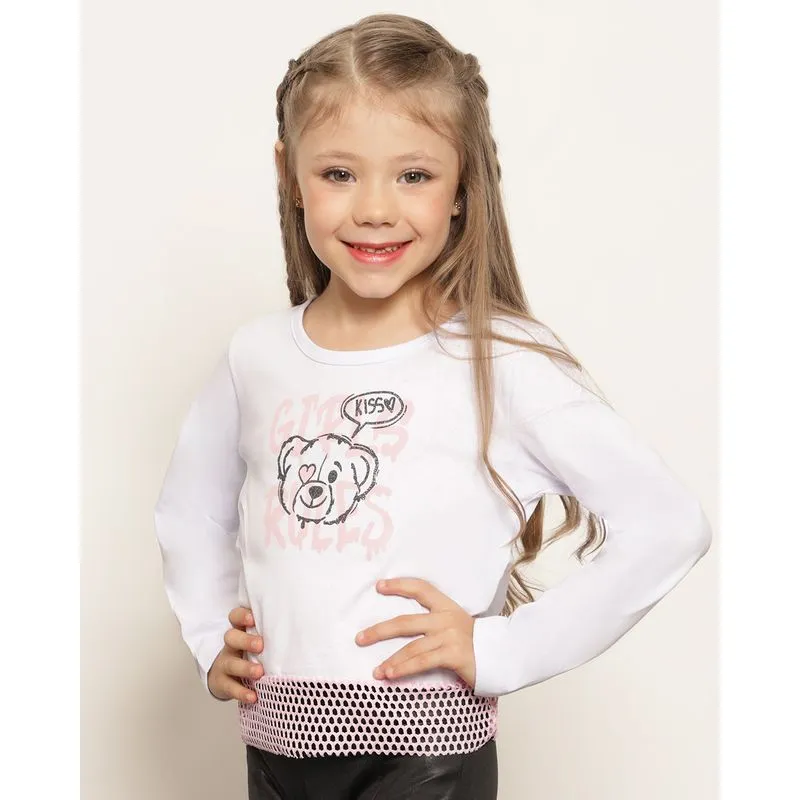 Blusa Infantil Manga Longa Com Recorte Telado Branca 10