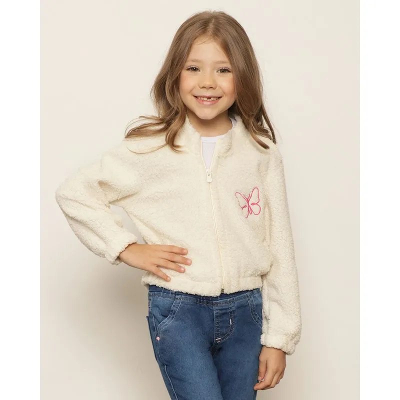 Jaqueta Infantil Manga Longa Sherpa Bordado Borboleta Off White 10
