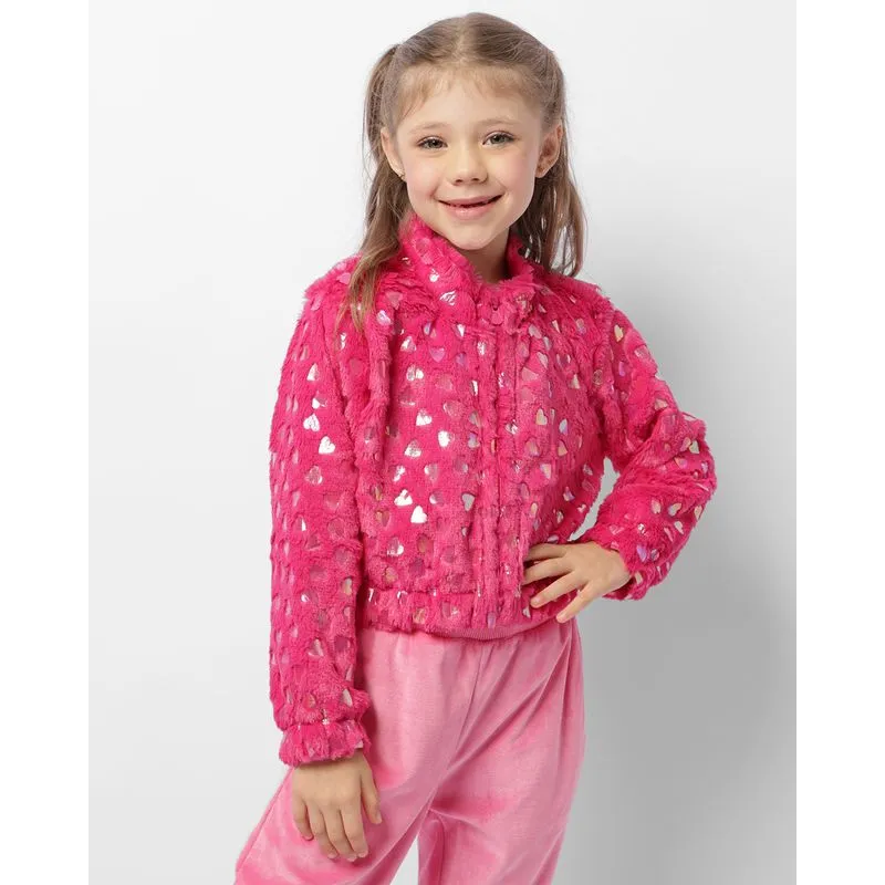 Jaqueta Infantil Pelinho Com Aplicação Coração Holográfico Rosa 8