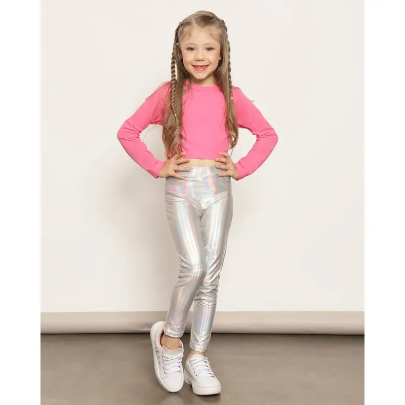 Calça Legging Infantil Cirrê Holografica Prateada 8