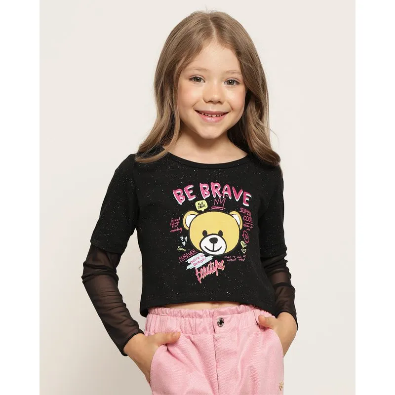 Blusa Infantil Cropped Manga Longa Em Tule Preta 10