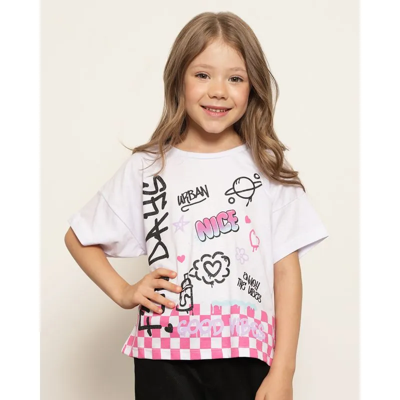 Blusa Infantil Manga Curta Estampa Grafite Branca 8