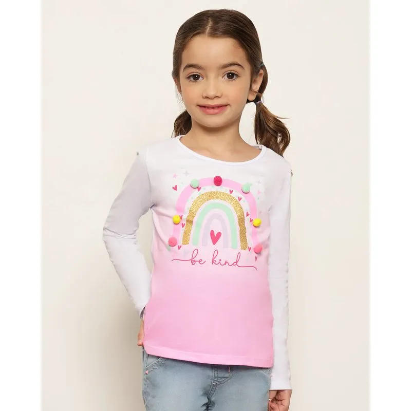 Blusa Infantil Manga Longa Estampa Arco Iris Com Pom Pom Branca 8