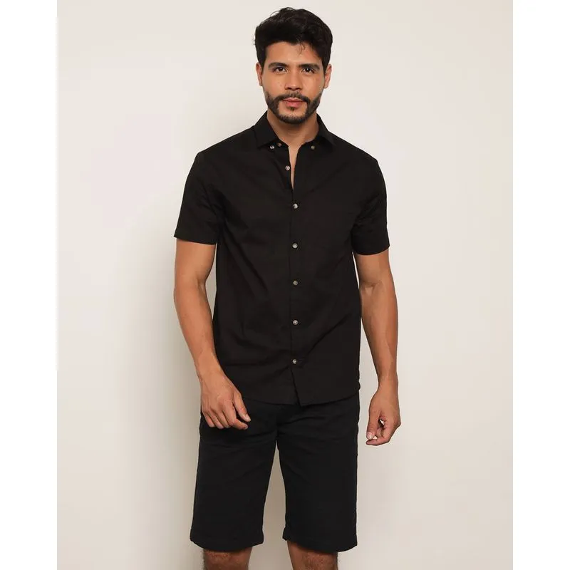 Camisa Masculina Manga Curta Lisa Preta M