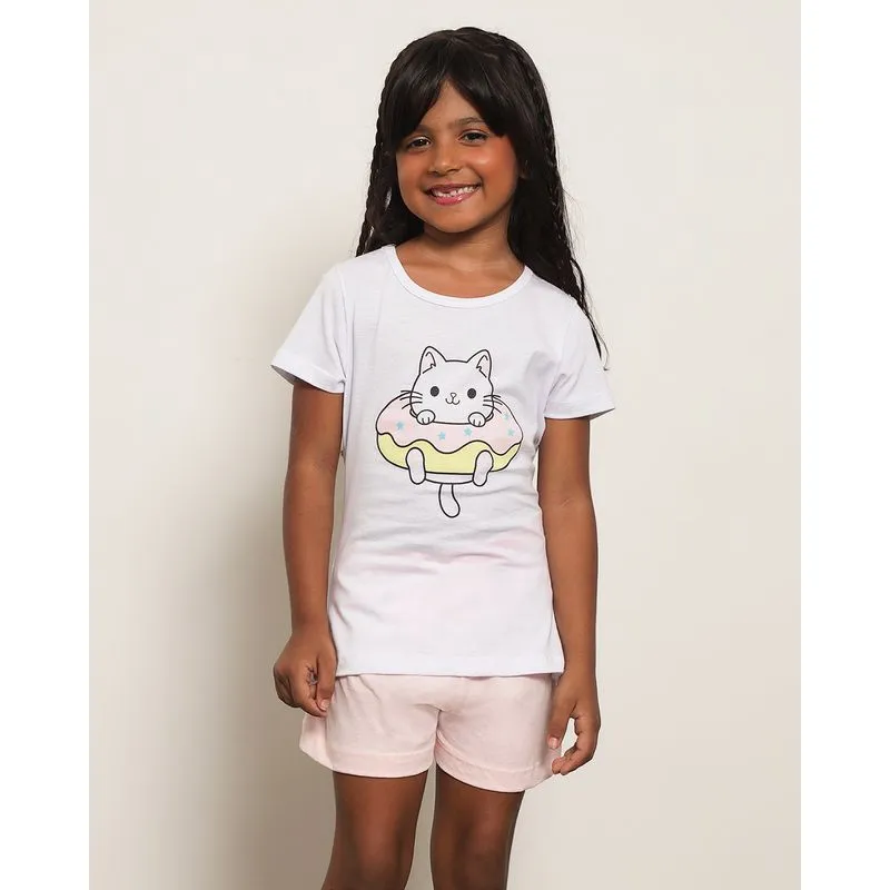Pijama Infantil Curto Estampa Gatinho Branco 6