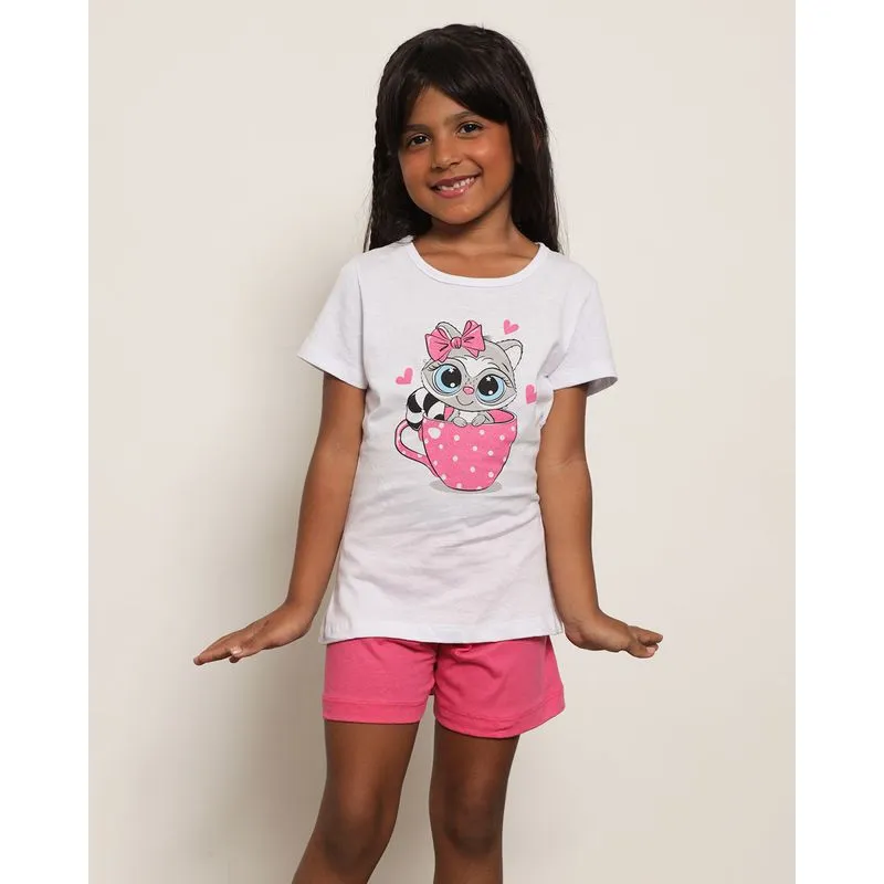 Pijama Infantil Curto Estampa Gatinho Rosa 10