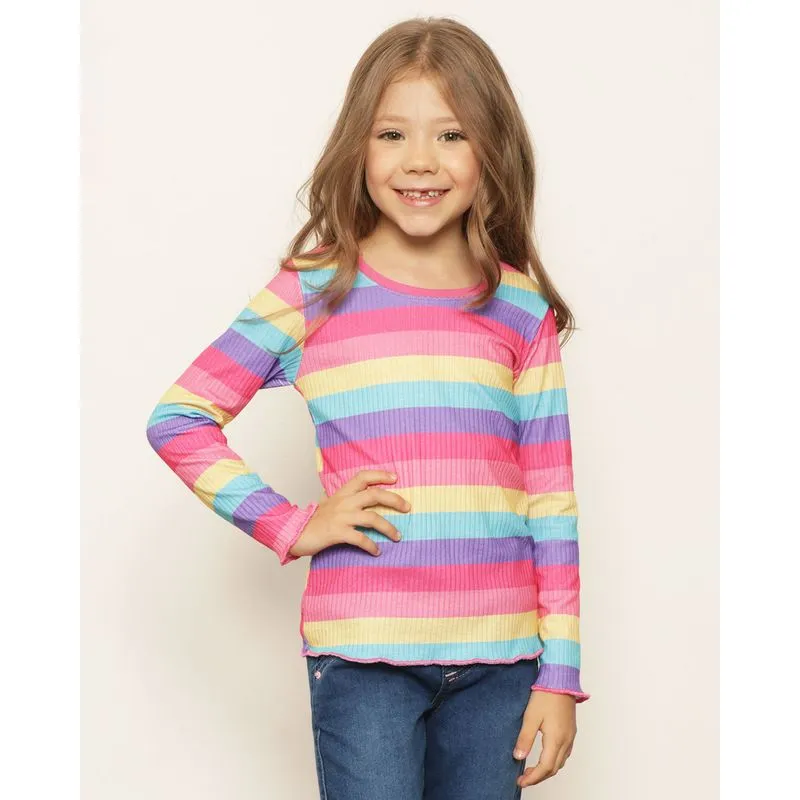 Blusa Infantil Manga Longa Canelada Listrada Rosa 10