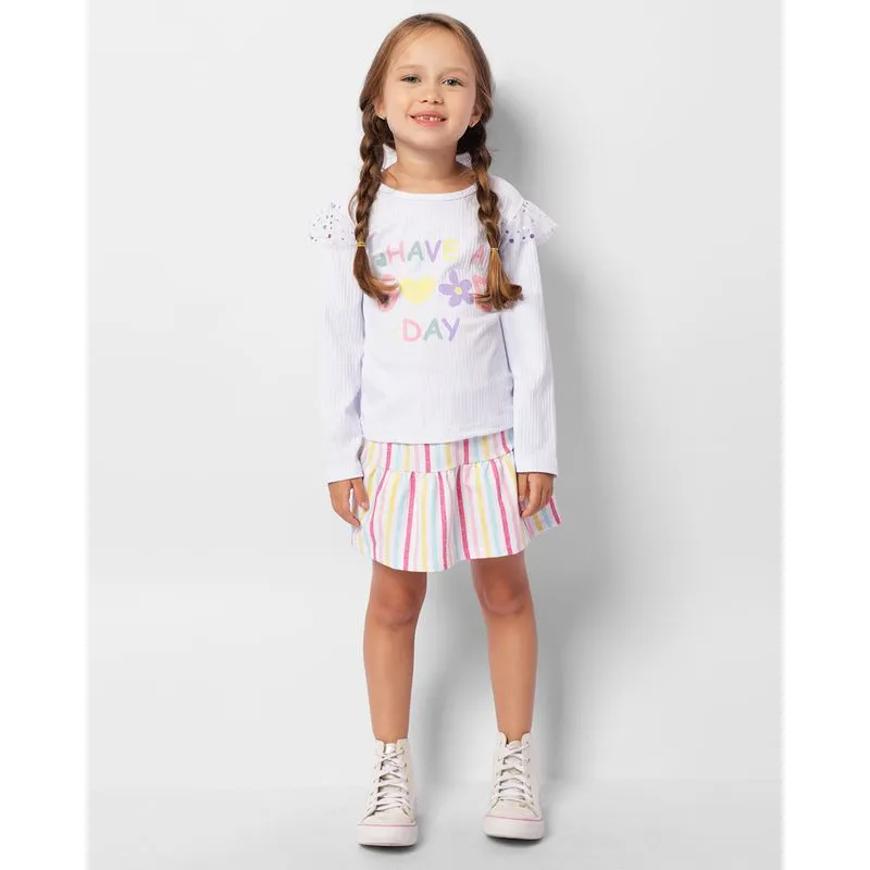 Saia Infantil Curta Babados Listrada Branca 10