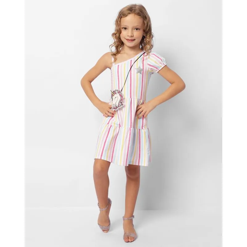 Vestido Infantil Três Marias Estampado Listrado + Bolsinha Unicórnio Branco 10
