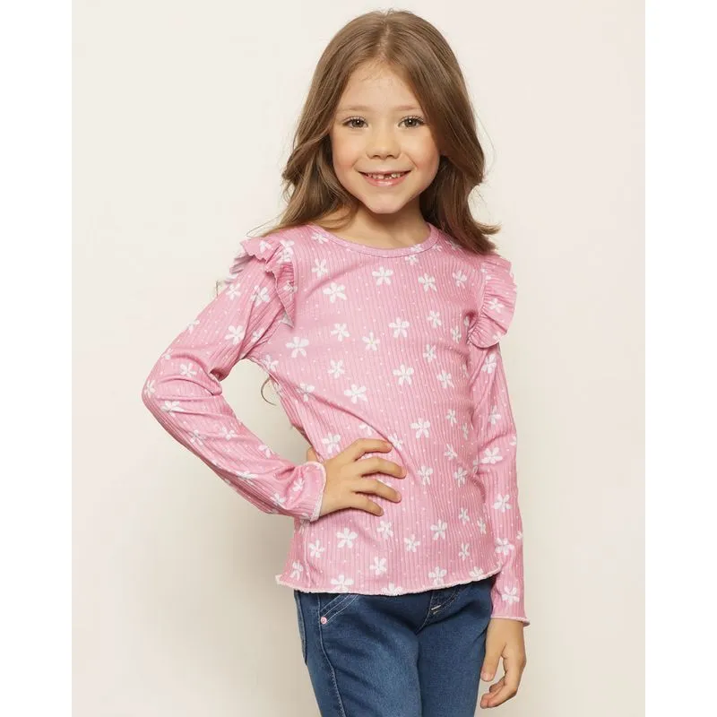 Blusa Infantil Manga Longa Canelada Estampada Flores Rosa 10