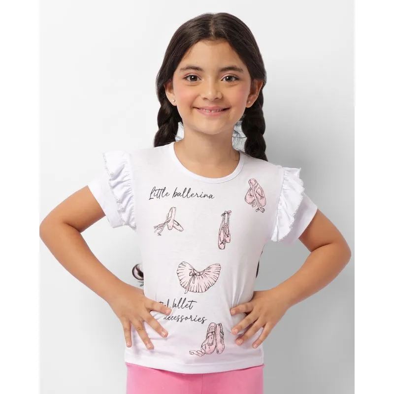 Blusa Infantil Manga Curta Com Babados Estampa Frontal Branca 6