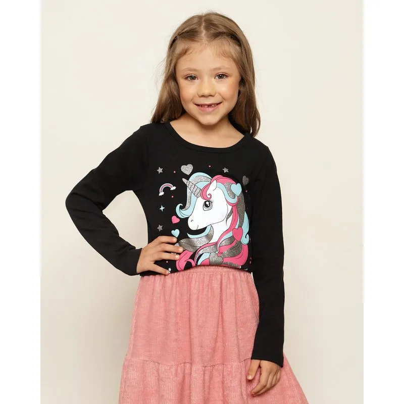 Blusa Infantil Estampa Unicórnio Manga longa Preta 6