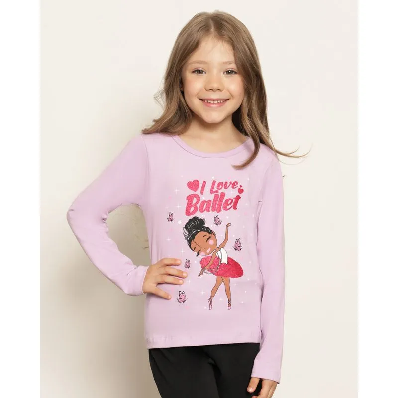 Blusa Infantil Manga Longa Estampa Bailarina Lilás 10