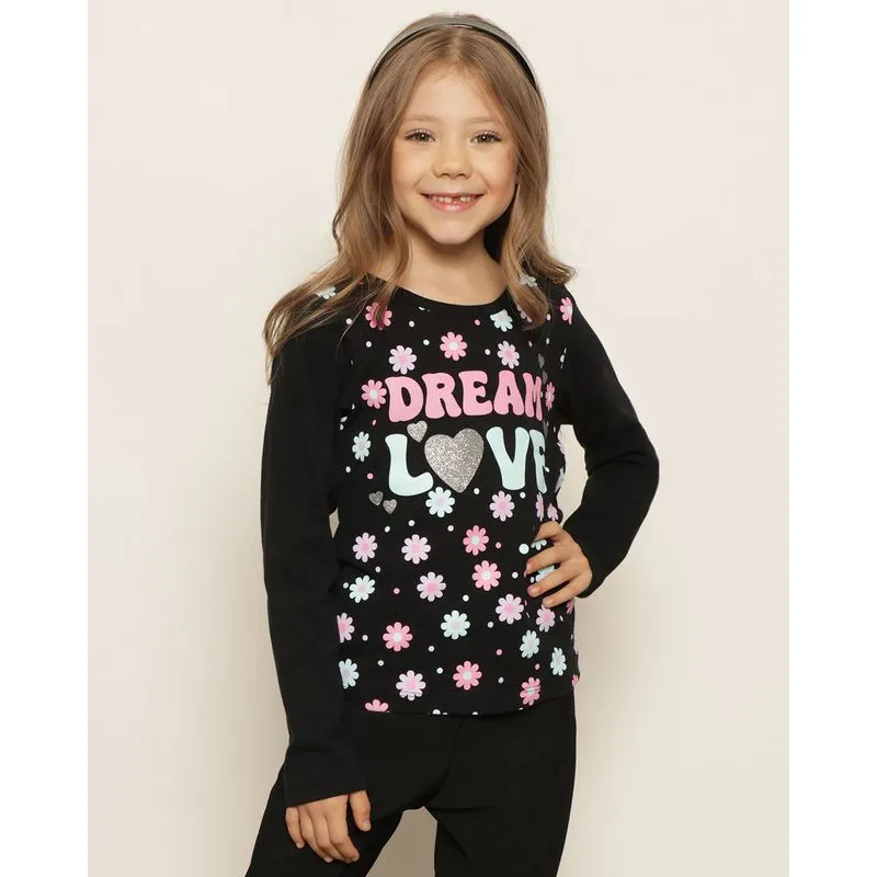 Blusa Infantil Manga Longa Estampa Dream Love Preta 6